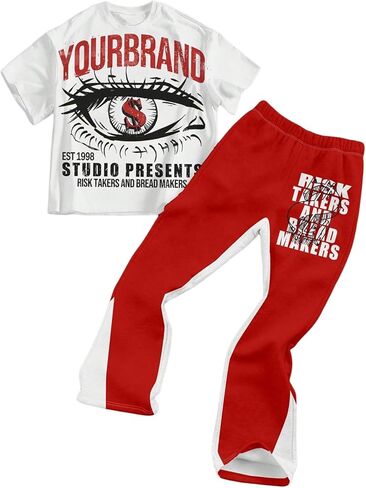 Boy's 2 Piece Outfits Y2k Graphic Tees and Color Block Flared Sweatpants Clothing Sets in Saudi Arabia