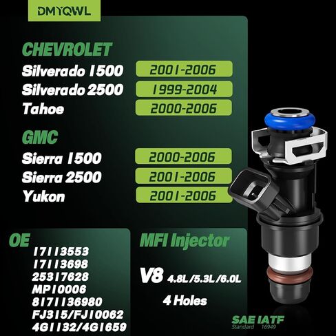 حاقن الوقود V8 4.8L/5.3L/6.0L متوافق مع تشيفي وجي إم سي - سيلفرادو 1500/2500(2001-2006)، سييرا 1500/2500(2000-2006)، تاهو (2000-2006)، يوكون (2001-2006)، استبدال #17113553، FJ315 (8 قطع) in Kuwait