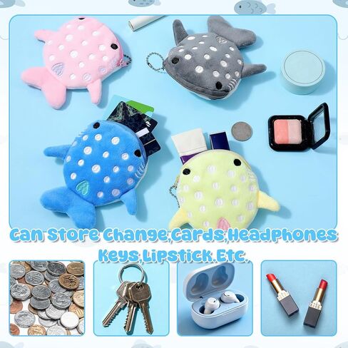 4Pcs Whale Shark Purse, Whale Coin Wallet, Cute Kawaii Wallet with Zipper Keychain for Cash and Coins (Yellow, Pink, Blue, Gray) in Saudi Arabia