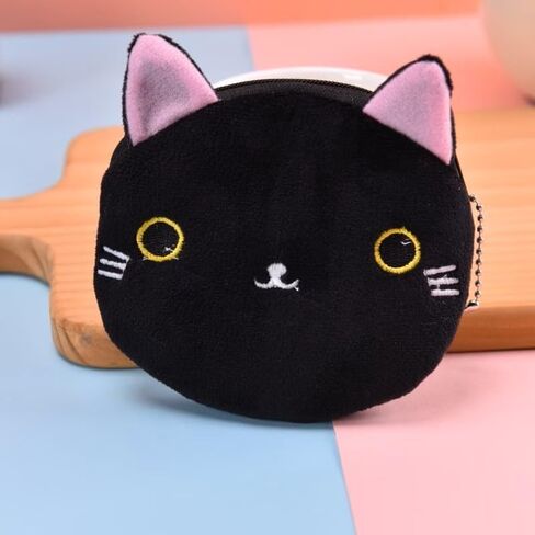 Adorable Cat Coin Pouch, Cartoon Cat Key Coin Storage Bag with Zip Closure, Lining - Black in Saudi Arabia