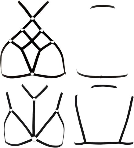 2 Pcs Womens Strappy Cage Bra Sexy Harness Halter Cupless Bra Punk Gothic Style Strappy Bralette Elastic Hollow Out Crop Top Black in Saudi Arabia