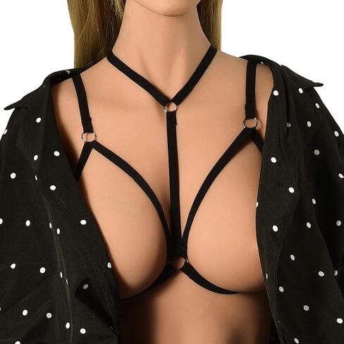 2 Pcs Womens Strappy Cage Bra Sexy Harness Halter Cupless Bra Punk Gothic Style Strappy Bralette Elastic Hollow Out Crop Top Black in Saudi Arabia