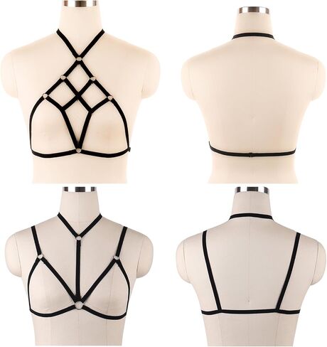 2 Pcs Womens Strappy Cage Bra Sexy Harness Halter Cupless Bra Punk Gothic Style Strappy Bralette Elastic Hollow Out Crop Top Black in Saudi Arabia