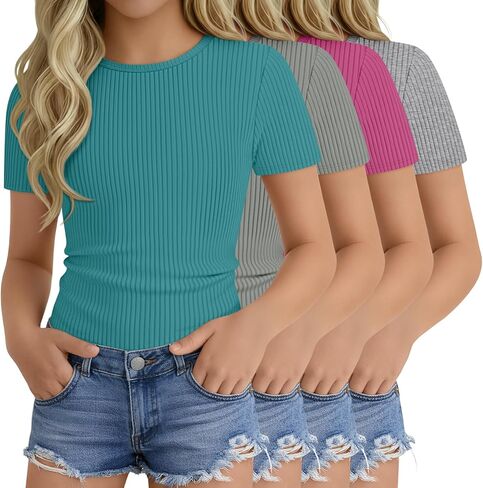 4 Pack Girls' Short Sleeve Shirts Ribbed Knit Crew Neck Tops Slim Fit Casual T-Shirt Kids Summer Basic Tees 5-14Y in Saudi Arabia