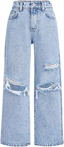 Girls Baggy Jeans Wide Straight Leg Elastic High Waisted Denim Pants Fashion Y2k Boyfriend Skater Streetwear 7-14Y in Saudi Arabia