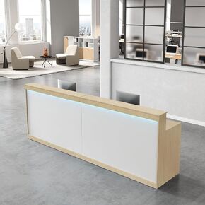 مكتب استقبال حديث مع طاولة مضادة مع إضاءة LED، وأدراج ورفوف قابلة للقفل - مكتب استقبال صالون للمكتب، والمنتجع الصحي، ومتجر بيع بالتجزئة (أبيض + خشب القيقب، 71 بوصة طول * 24 بوصة عرض * 40 بوصة ارتفاع) in Kuwait