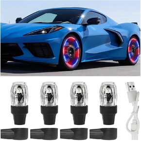 4PCS Car Tire Valve LED Light, Colorful Rechargeable Tyre Valve Stem Cap Flash Light with Vibration Sensor, Cool Automotive Wheel Spoke Flashing Lamp Kit, Universal for Vehicles in Saudi Arabia