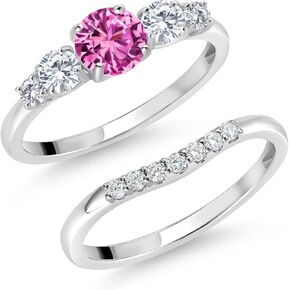 Gem Stone King 10K White Gold Pink Created Sapphire and White Lab Grown Diamond 5 Stone Bridal Engagement Wedding Ring Set For Women (0.86 Cttw, Round: 5MM and 3MM) in Saudi Arabia