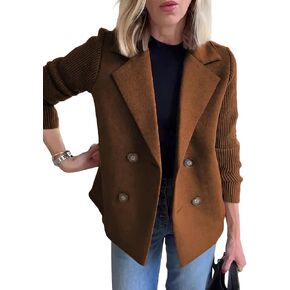 ebossy Women's Double Breasted Wool Pea Coat Notched Lapel Ribbed Knit Long Sleeve Sweater Short Blazer Jacket in Saudi Arabia