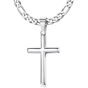 MILACOLATO 925 Sterling Silver Cross Necklace for Men Women - 5mm Durable 316L Stainless Steel Figaro Link Chain with Beveled Edge Cross Pendant, Silver Crucifix Necklaces Jewelry, 16-30'' Christian Baptism Gift in Saudi Arabia