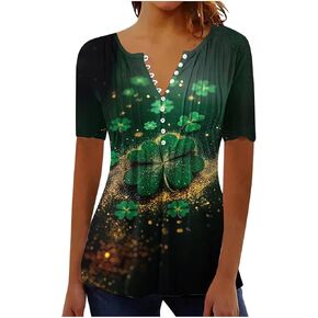 St Patricks Day Shirt Women Shamrock Short Sleeve Tops Casual Button V Neck Tunic Blouses Irish Green Outfits in Kuwait