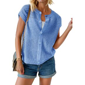 Saodimallsu Womens Short Cap Sleeve Sweater Vest Crochet Button Down Cardigans Crew Neck Summer Knit Tops in Kuwait