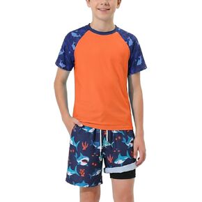WISREMT Boys 2 Piece Swimsuit Short Sleeve Swim Rash Guard Set Youth Teens UPF 50+ Swimming Shirt with Lined Swim Trunks in Kuwait