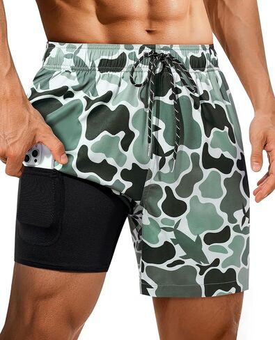 Mens Swim Trunks with Compression Liner 7 Inch Mens Bathing Suit Quick Dry Pockets Stretch Drawstring Shark Printed 2in1 in Saudi Arabia