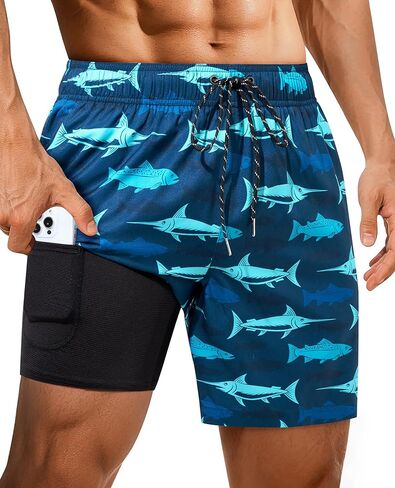 سروال سباحة رجالي مع بطانة ضغط 7 بوصة بدلة استحمام رجالي جيوب سريعة الجفاف رباط مطاطي مطبوع على شكل قرش 2in1 in Kuwait