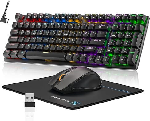لوحة مفاتيح ألعاب لاسلكية وسرد الماوس ، 98 مفتاح RGB لوحة مفاتيح ميكانيكية مفتاح Backlit Blue ، فئران ألعاب لاسلكية مريحة مع لوحة الماوس ، 3 وضع USB-C/2.4G/BT5.0 ، مضاد للضغط على أجهزة الكمبيوتر المحمولة للكمبيوتر المحمول. in Kuwait