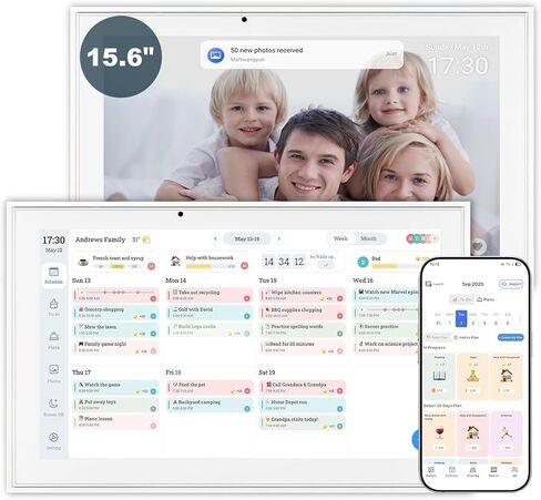 تقويم رقمي، تقويم إلكتروني مقاس 15.6 بوصة ومخطط عمل، شاشة لمس تفاعلية عالية الدقة 1080 بكسل شاشة لمس ذكية لجداول العائلة - حامل على الحائط، رائع لتنظيم 2025-2026 باللون الأبيض in Kuwait
