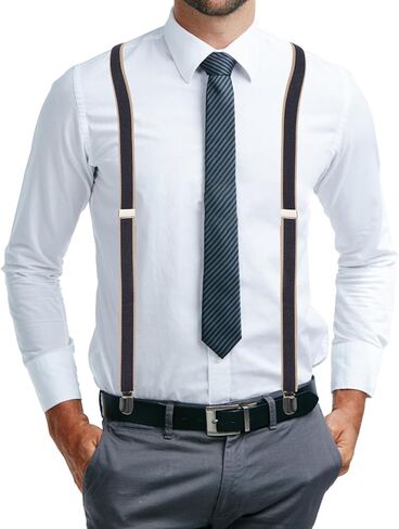 Striped Men’s Suspenders with Leather Clips, Adjustable Elastic Strap Braces for Trousers, Unisex Suit Accessory for Casual and Formal Wear in Saudi Arabia
