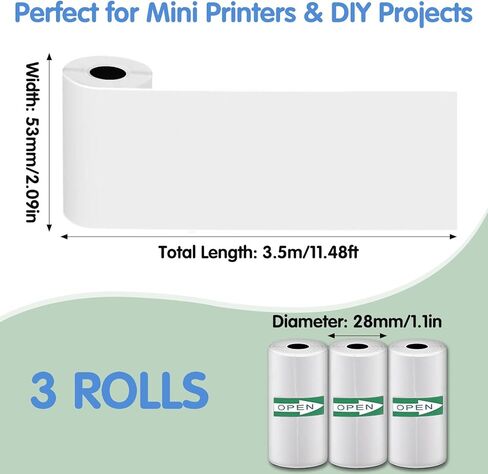 ورق ملصقات حراري 3 لفات، ورق ملصقات أبيض ذاتي اللصق مقاس 53 مم × 3.5 م متوافق مع الطابعات الحرارية الصغيرة M02، T02، M02S، M02 Pro، M04S، للملاحظات والقوائم والمجلات والملصقات التي تصنعها بنفسك in Kuwait