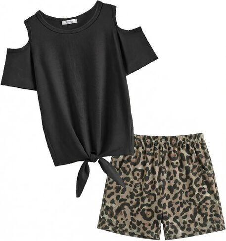 Arshiner Girls Short Sets 2 Pieces Outfits Short Sleeve Tie Knot T-Shirts and Casual Shorts With Pockets Cute Clothes Sets in Saudi Arabia