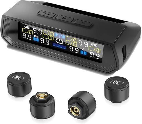 نظام مراقبة ضغط الإطارات، TPMS مع شاشة LCD ملونة للشحن بالطاقة الشمسية وUSB، مطالبات صوتية، 6 أوضاع إنذار، نطاق 0-87 رطل لكل بوصة مربعة (4 مستشعرات للإطارات) in Kuwait