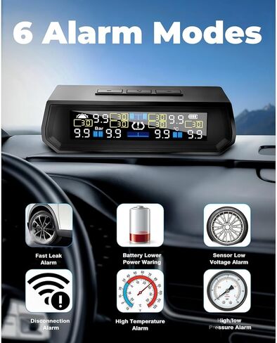 نظام مراقبة ضغط الإطارات، TPMS مع شاشة LCD ملونة للشحن بالطاقة الشمسية وUSB، مطالبات صوتية، 6 أوضاع إنذار، نطاق 0-87 رطل لكل بوصة مربعة (4 مستشعرات للإطارات) in Kuwait