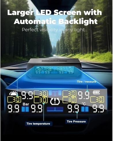 نظام مراقبة ضغط الإطارات، TPMS مع شاشة LCD ملونة للشحن بالطاقة الشمسية وUSB، مطالبات صوتية، 6 أوضاع إنذار، نطاق 0-87 رطل لكل بوصة مربعة (4 مستشعرات للإطارات) in Kuwait