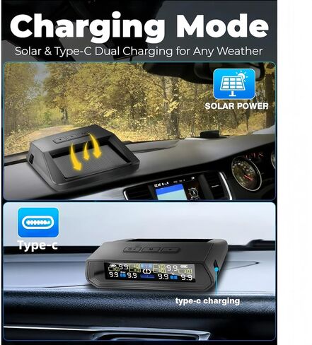 نظام مراقبة ضغط الإطارات، TPMS مع شاشة LCD ملونة للشحن بالطاقة الشمسية وUSB، مطالبات صوتية، 6 أوضاع إنذار، نطاق 0-87 رطل لكل بوصة مربعة (4 مستشعرات للإطارات) in Kuwait