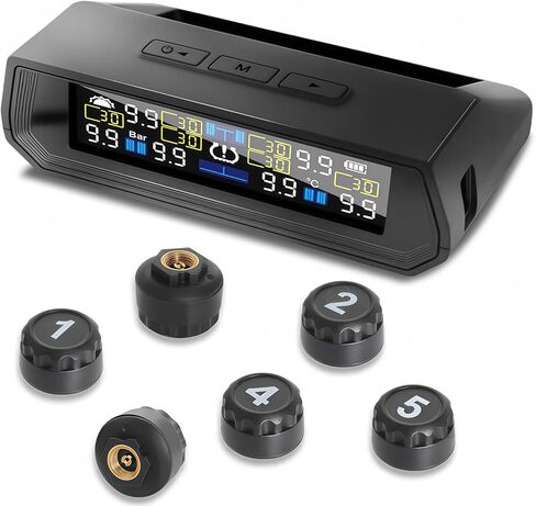 نظام مراقبة ضغط الإطارات، TPMS مع شاشة LCD ملونة للشحن بالطاقة الشمسية وUSB، مطالبات صوتية، 6 أوضاع إنذار، نطاق 0-87 رطل لكل بوصة مربعة (4 مستشعرات للإطارات) in Kuwait