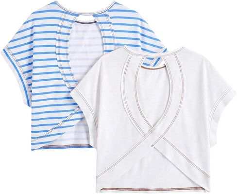 WDIRARA Girl's 2 Pack Open Back T Shirts Crew Neck Criss Cross Short Sleeve Tees in Saudi Arabia