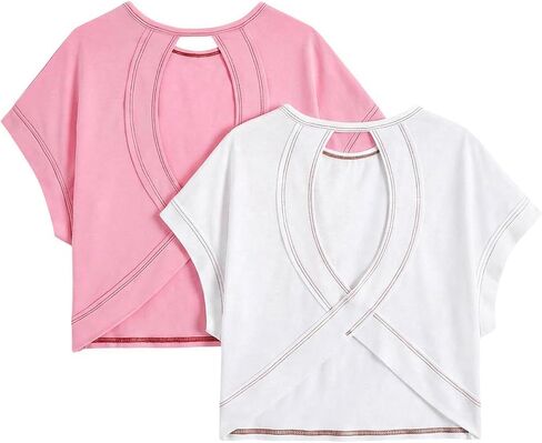 WDIRARA Girl's 2 Pack Open Back T Shirts Crew Neck Criss Cross Short Sleeve Tees in Saudi Arabia
