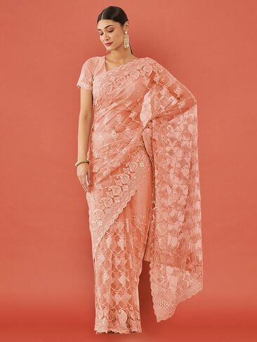 Women's Net Saree With Unstitched Blouse Piece in Saudi Arabia