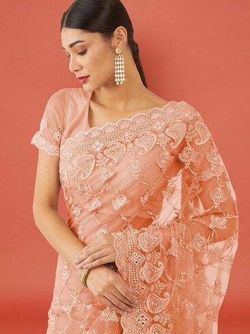 Women's Net Saree With Unstitched Blouse Piece in Saudi Arabia