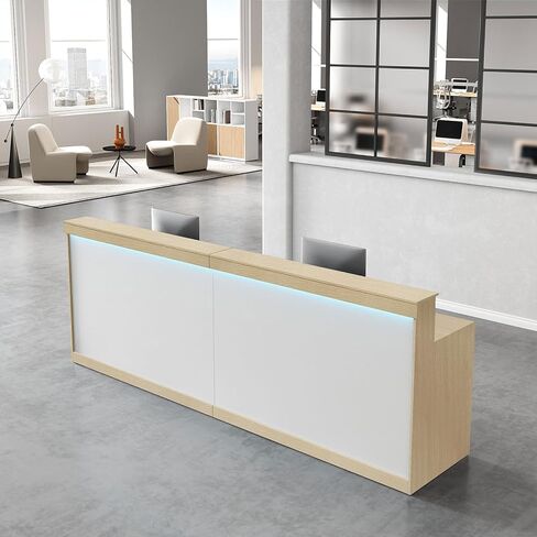 مكتب استقبال حديث مع طاولة مضادة مع إضاءة LED، وأدراج ورفوف قابلة للقفل - مكتب استقبال صالون للمكتب، والمنتجع الصحي، ومتجر بيع بالتجزئة (أبيض + خشب القيقب، 71 بوصة طول * 24 بوصة عرض * 40 بوصة ارتفاع) in Kuwait
