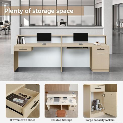 مكتب استقبال حديث مع طاولة مضادة مع إضاءة LED، وأدراج ورفوف قابلة للقفل - مكتب استقبال صالون للمكتب، والمنتجع الصحي، ومتجر بيع بالتجزئة (أبيض + خشب القيقب، 71 بوصة طول * 24 بوصة عرض * 40 بوصة ارتفاع) in Kuwait