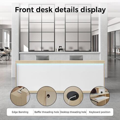 مكتب استقبال حديث مع طاولة مضادة مع إضاءة LED، وأدراج ورفوف قابلة للقفل - مكتب استقبال صالون للمكتب، والمنتجع الصحي، ومتجر بيع بالتجزئة (أبيض + خشب القيقب، 71 بوصة طول * 24 بوصة عرض * 40 بوصة ارتفاع) in Kuwait