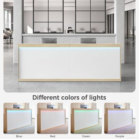 مكتب استقبال حديث مع طاولة مضادة مع إضاءة LED، وأدراج ورفوف قابلة للقفل - مكتب استقبال صالون للمكتب، والمنتجع الصحي، ومتجر بيع بالتجزئة (أبيض + خشب القيقب، 71 بوصة طول * 24 بوصة عرض * 40 بوصة ارتفاع) in Kuwait