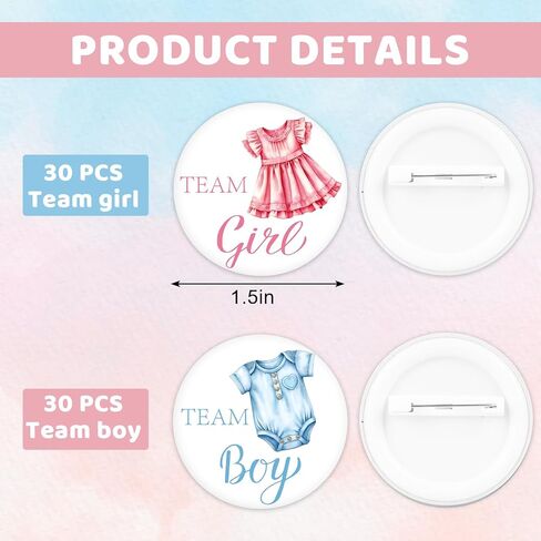 Whaline 60Pcs Gender Reveal Button Pins White Blue Pink Baby Clothes Team Boy or Girl Button Badges for Birthday Baby Shower Party Game Supplies in Saudi Arabia