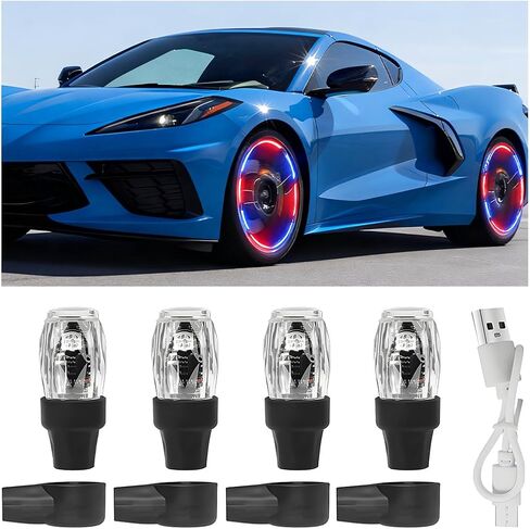 4PCS Car Tire Valve LED Light, Colorful Rechargeable Tyre Valve Stem Cap Flash Light with Vibration Sensor, Cool Automotive Wheel Spoke Flashing Lamp Kit, Universal for Vehicles in Saudi Arabia