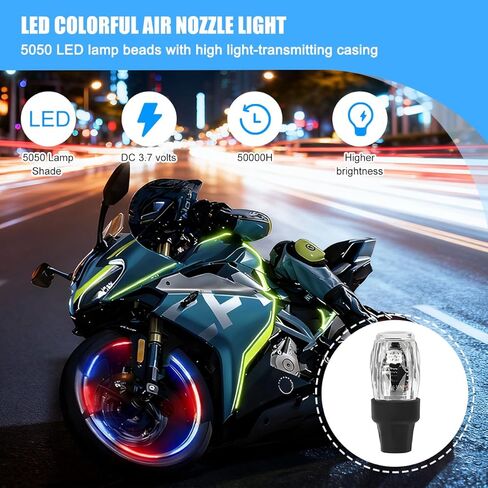 4PCS Car Tire Valve LED Light, Colorful Rechargeable Tyre Valve Stem Cap Flash Light with Vibration Sensor, Cool Automotive Wheel Spoke Flashing Lamp Kit, Universal for Vehicles in Saudi Arabia