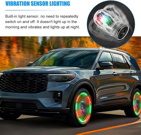 4PCS Car Tire Valve LED Light, Colorful Rechargeable Tyre Valve Stem Cap Flash Light with Vibration Sensor, Cool Automotive Wheel Spoke Flashing Lamp Kit, Universal for Vehicles in Saudi Arabia