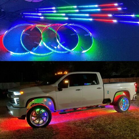 مصابيح LED للعجلات مقاس 17.5 بوصة + 2 قطعة 4FT + 2 قطعة 6.5F شرائط توهج 8 قطعة طقم أضواء بلون الأحلام بلوتوث + جهاز تحكم عن بعد in Saudi Arabia