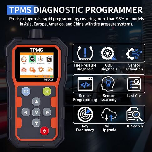 مبرمج تشخيص TPMS - أداة استشعار ضغط الإطارات الاحترافية مع ترقية WiFi، تشخيص OBD، تنشيط المستشعر/البرمجة/التعلم، اكتشاف تردد المفاتيح، شاشة LCD ملونة مقاس 2.8 بوصة in Kuwait