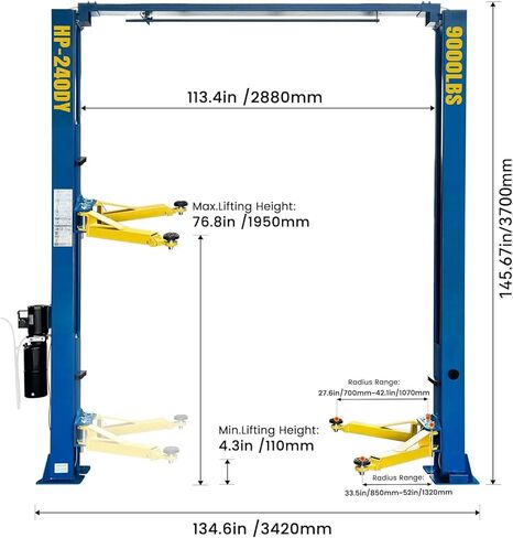 9,000 LBS 2-Post Car Lift, 77" Max Height Auto Lift with Single Point Lock Release & Overhead Hydraulic Auto Lift, Clear Floor Hoist for Garage, Parking, or Workshop, 3 Year Warranty, 110V in Saudi Arabia