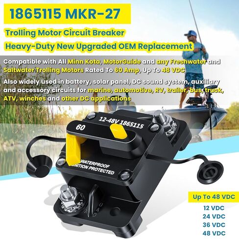 1865115 MKR-27 قاطع دائرة 60 أمبير لمحركات التصيد في المياه العذبة والمياه المالحة من مين كوتا، ملحقات بطارية القارب البحري، شاحنة RV، سيارة 12 فولت/24 فولت/36 فولت/48 فولت، أنظمة تيار مستمر مقاومة للماء شديدة التحمل in Kuwait