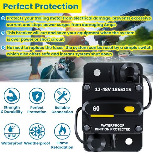 1865115 MKR-27 قاطع دائرة 60 أمبير لمحركات التصيد في المياه العذبة والمياه المالحة من مين كوتا، ملحقات بطارية القارب البحري، شاحنة RV، سيارة 12 فولت/24 فولت/36 فولت/48 فولت، أنظمة تيار مستمر مقاومة للماء شديدة التحمل in Kuwait