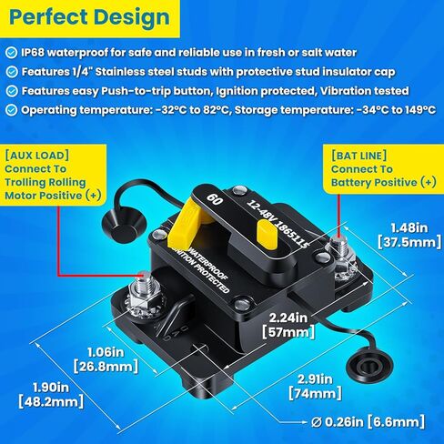 1865115 MKR-27 قاطع دائرة 60 أمبير لمحركات التصيد في المياه العذبة والمياه المالحة من مين كوتا، ملحقات بطارية القارب البحري، شاحنة RV، سيارة 12 فولت/24 فولت/36 فولت/48 فولت، أنظمة تيار مستمر مقاومة للماء شديدة التحمل in Kuwait