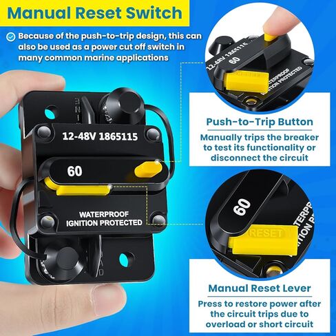 1865115 MKR-27 قاطع دائرة 60 أمبير لمحركات التصيد في المياه العذبة والمياه المالحة من مين كوتا، ملحقات بطارية القارب البحري، شاحنة RV، سيارة 12 فولت/24 فولت/36 فولت/48 فولت، أنظمة تيار مستمر مقاومة للماء شديدة التحمل in Kuwait
