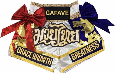 Muay Thai Shorts, Red and Royal Blue with Gold Accents, Lightweight Satin, Grace Growth Greatness Design in Saudi Arabia