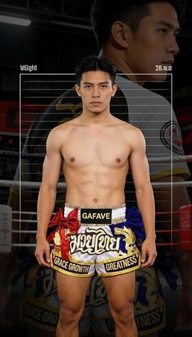 Muay Thai Shorts, Red and Royal Blue with Gold Accents, Lightweight Satin, Grace Growth Greatness Design in Saudi Arabia